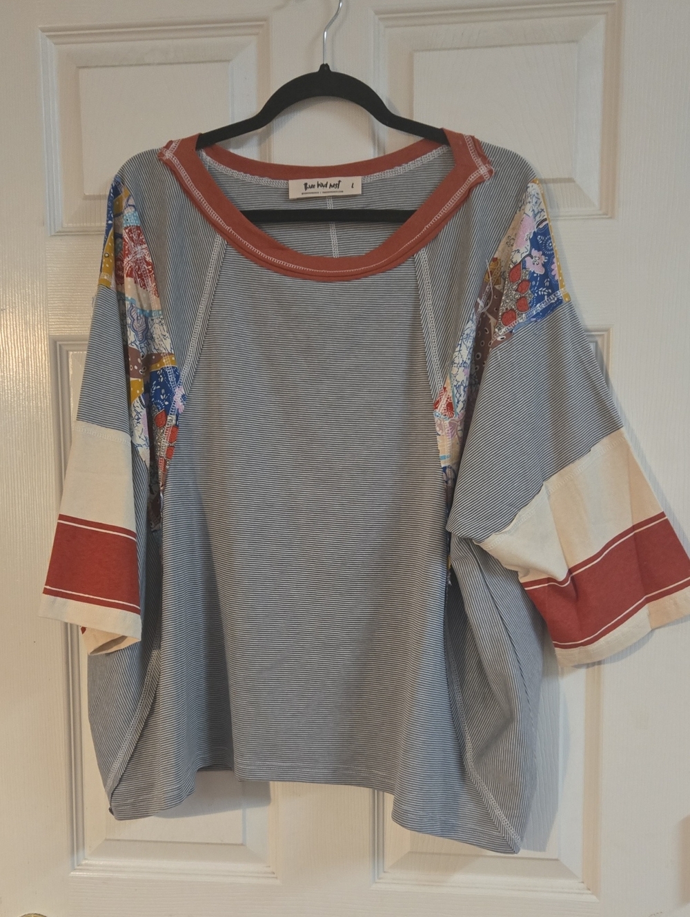 Three Bird Nest Gray Striped Top with Rust Trim and Patchwork Sleeves